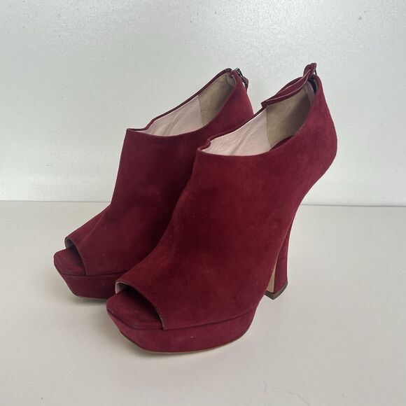 Miu Miu Peep Toe Platform Booties 7 37 Wine Red Suede Funky High Heels Statement - Picture 3 of 12